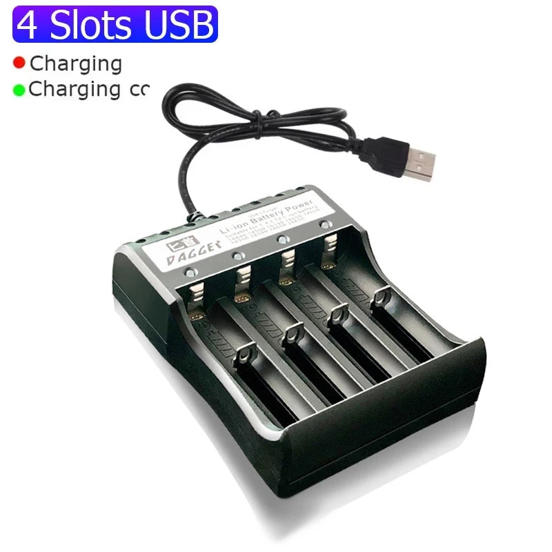 USB 18650 Battery Charger – 1/2/4 Slots, Dual 3.7V Li-ion for 16340/14500/18650