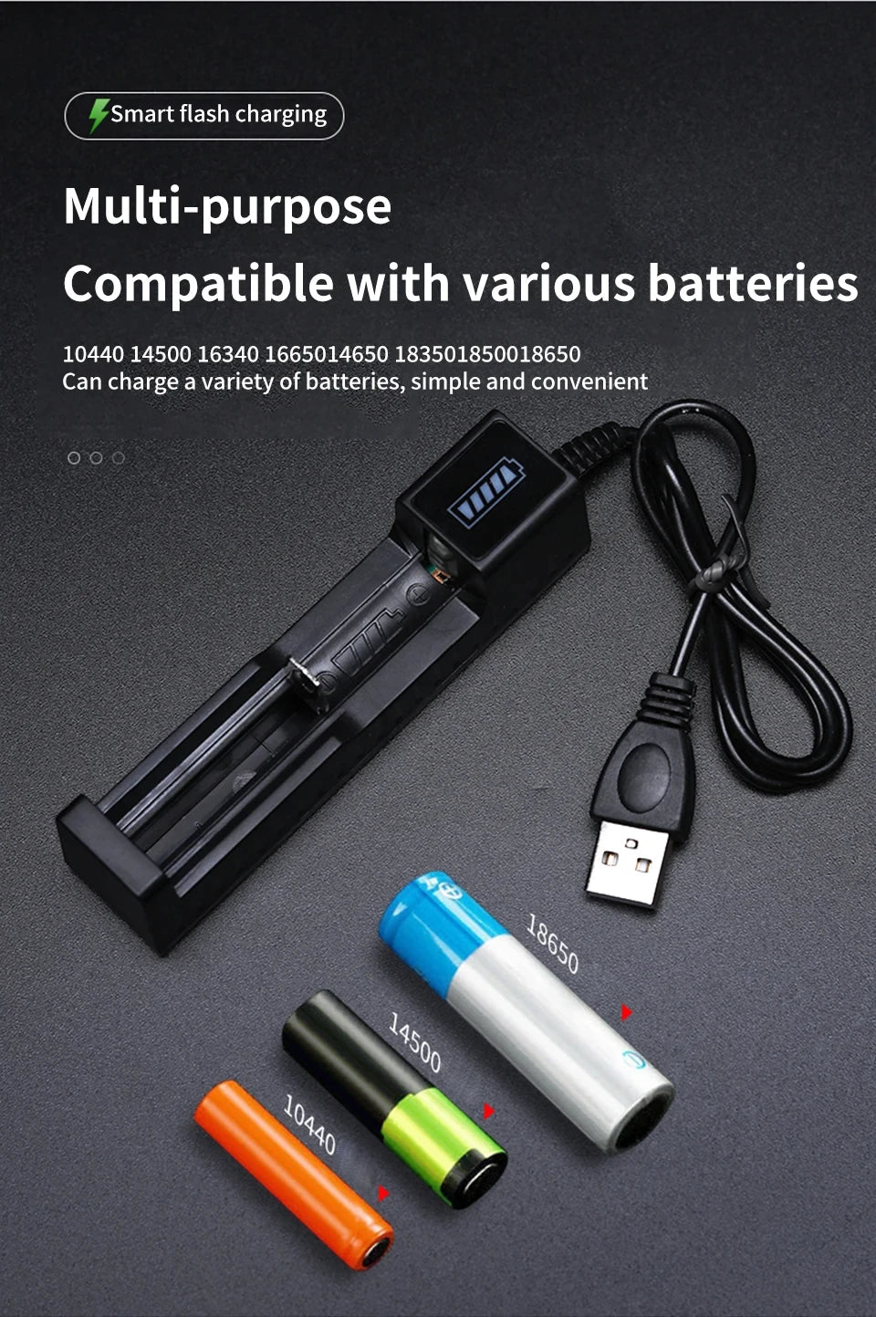 USB 18650 Battery Charger – 1/2/4 Slots, Dual 3.7V Li-ion for 16340/14500/18650